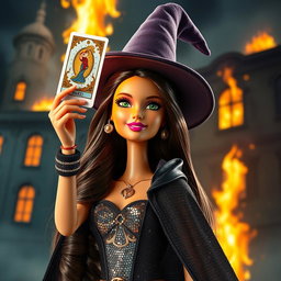 A Barbie witch with long, dark brown hair is holding a tarot card high in the air, displaying her excitement