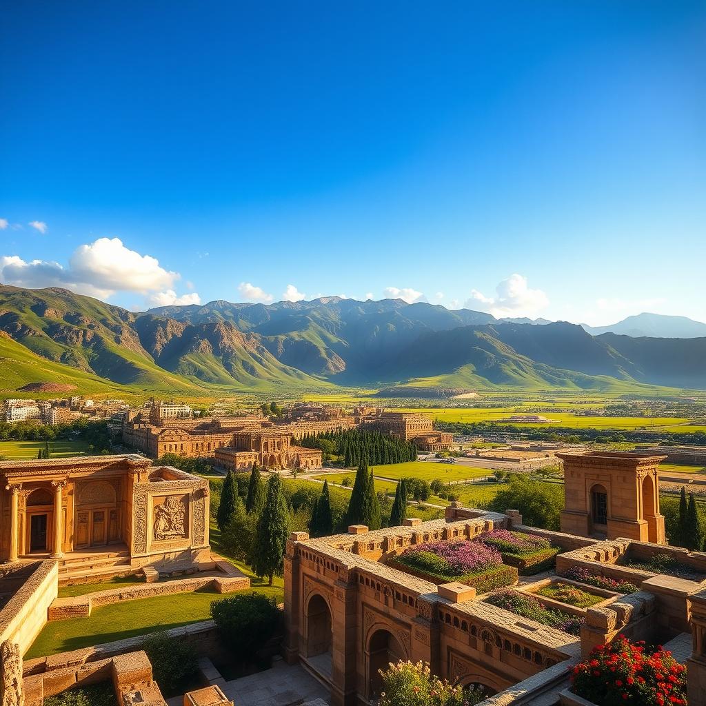 A beautiful landscape of Iran showcasing its rich cultural heritage, featuring lush green valleys, majestic mountains, and ancient Persian architecture