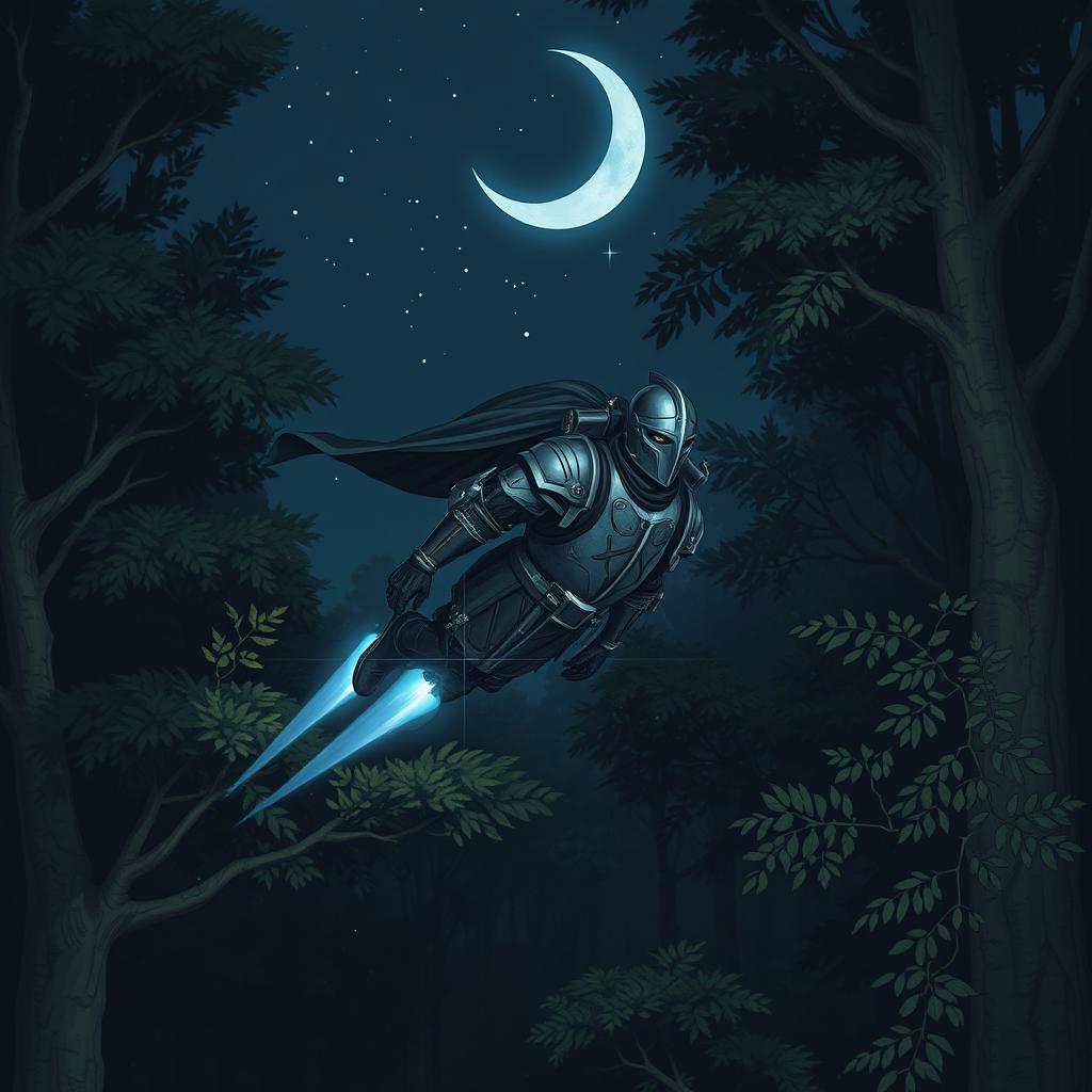 A daring knight soaring through a dark, enchanted forest at night, wearing intricate armor that glimmers softly in the moonlight