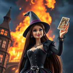 A Barbie witch with long, dark brown hair, excitedly holding a tarot card high in the air