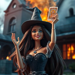 A Barbie witch with long, dark brown hair, excitedly holding a tarot card high in the air