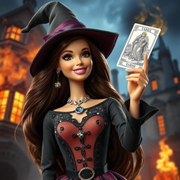 A Barbie witch with long, dark brown hair, excitedly holding a tarot card high in the air