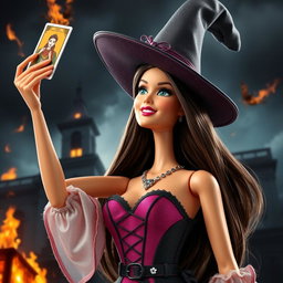 A Barbie witch with long, dark brown hair, excitedly holding a tarot card high in the air