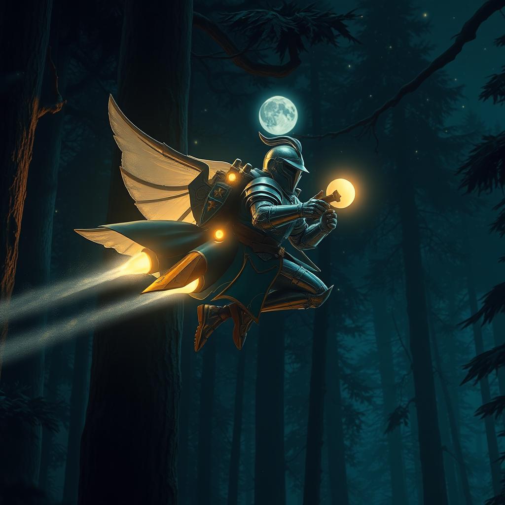 A brave knight flying through a mystical forest at night, equipped with a futuristic jetpack that emits a soft, luminescent glow