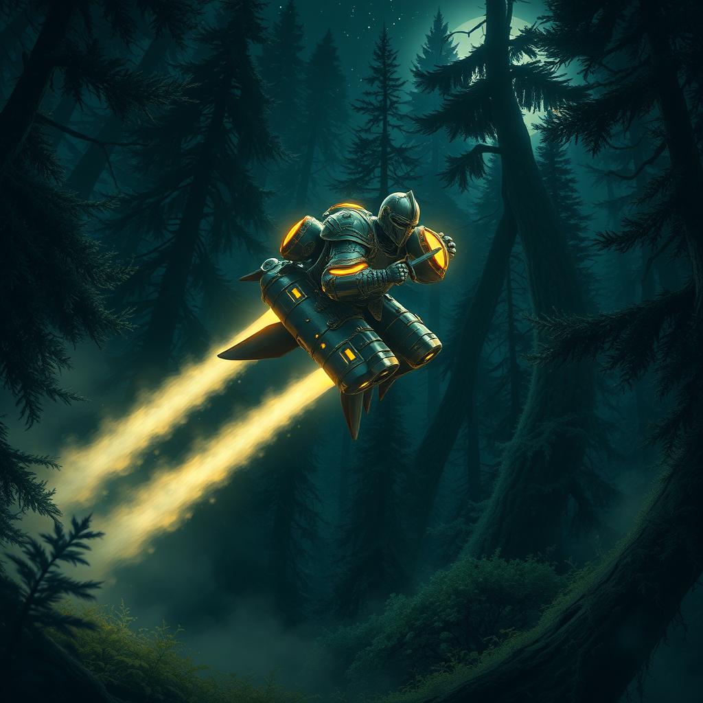 A fearless knight soaring through a dark, magical forest at night, equipped with a futuristic jetpack that glows with pulsating lights
