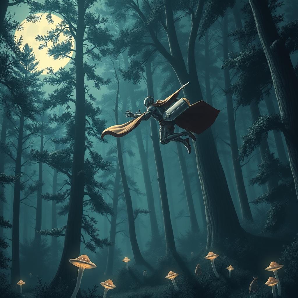 A valiant knight clad in shining armor, soaring gracefully through a mystical forest at night with a futuristic jetpack