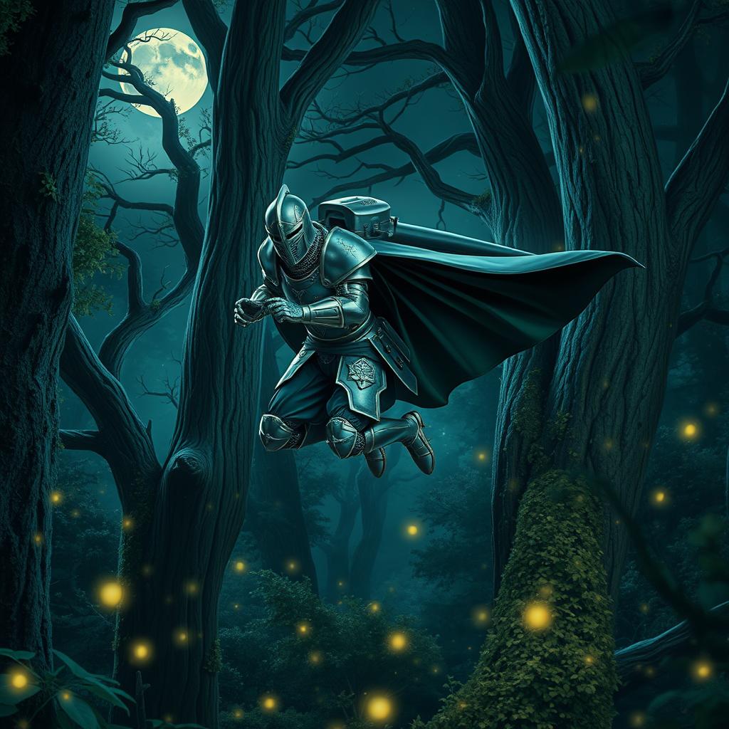 A brave knight wearing intricately detailed armor, soaring through an enchanted forest at night with a high-tech jetpack