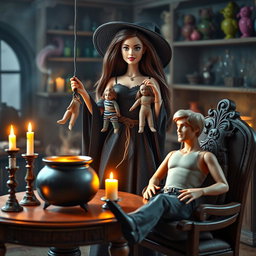 A Barbie witch with long, dark brown hair is standing in her witch room, holding two dolls tied up in her hands