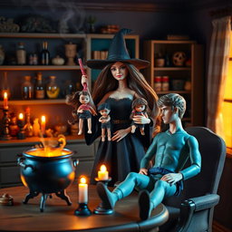 A Barbie witch with long, dark brown hair is standing in her witch room, holding two dolls tied up in her hands