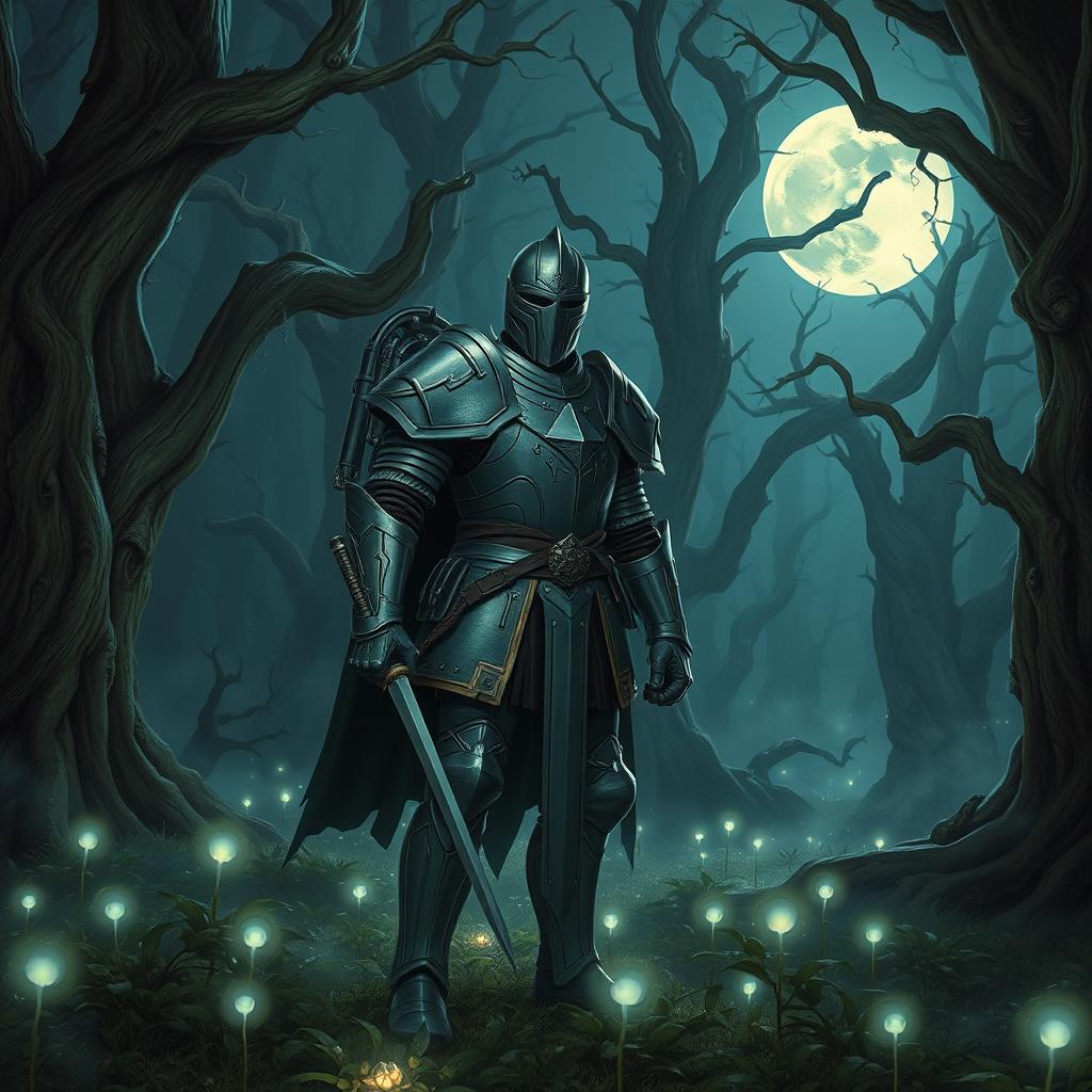 A knight in intricately designed armor, equipped with a sophisticated jetpack, stands heroically in an enchanted forest at night