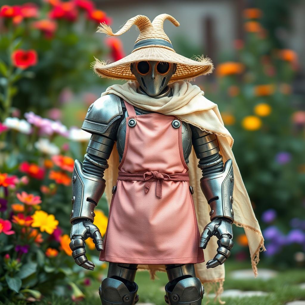 A warforged character standing tall and proud, featuring a unique scale mail skin that shimmers with metallic hues