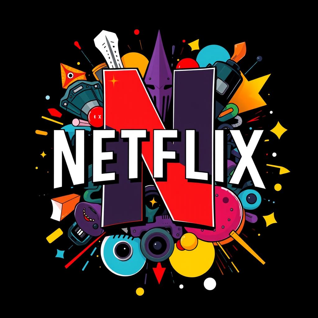 A stunning and vibrant illustration depicting the iconic Netflix logo, with the letters 'N' and 'E' stylized in a dynamic, modern design