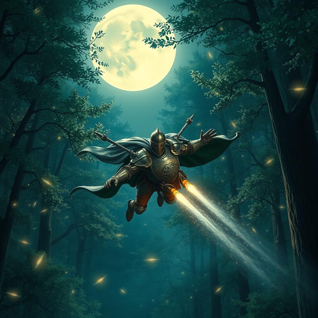 A knight clad in ornate armor, flying swiftly through a mystical forest at night with a powerful jetpack