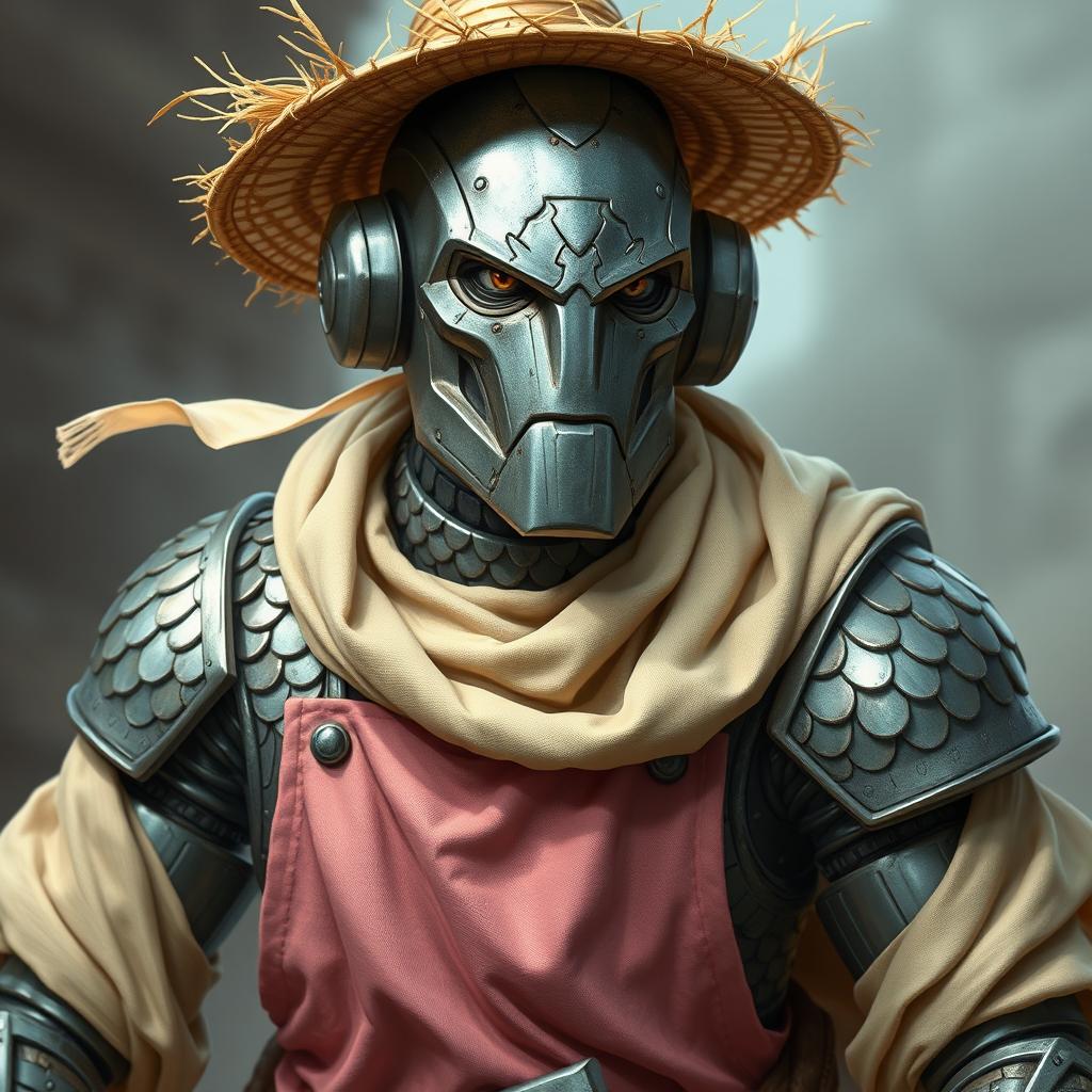 An action headshot of a warforged from Eberron, showcasing its unique scale mail skin that glints with metallic colors