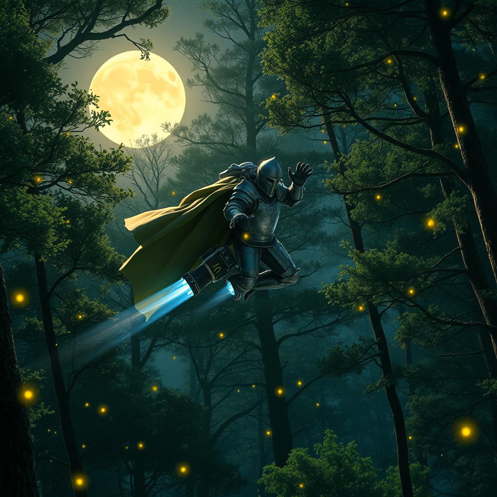 A knight dressed in magnificent, ornate armor is soaring through a mystical forest at night, powered by a futuristic jetpack