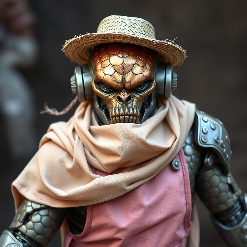 An action headshot of a warforged from Eberron, showcasing its distinctive scaly metal skin that shimmers in a variety of tones