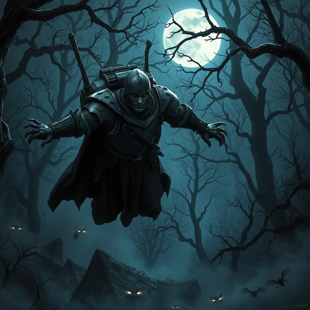 A knight in dark, weathered armor is flying through a shadowy forest at night, propelled by a menacing jetpack
