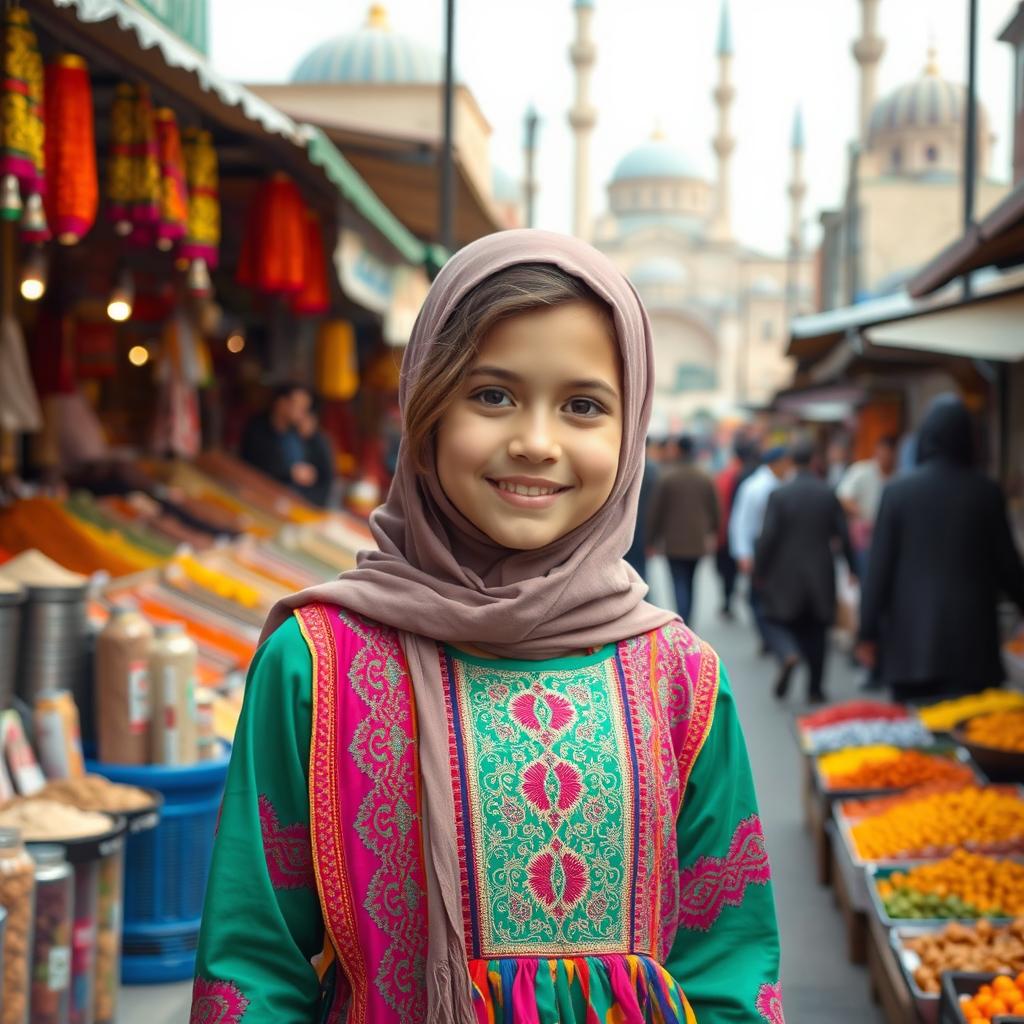 A young Muslim girl wearing a colorful traditional dress (panytose) in a bustling street of Tehran