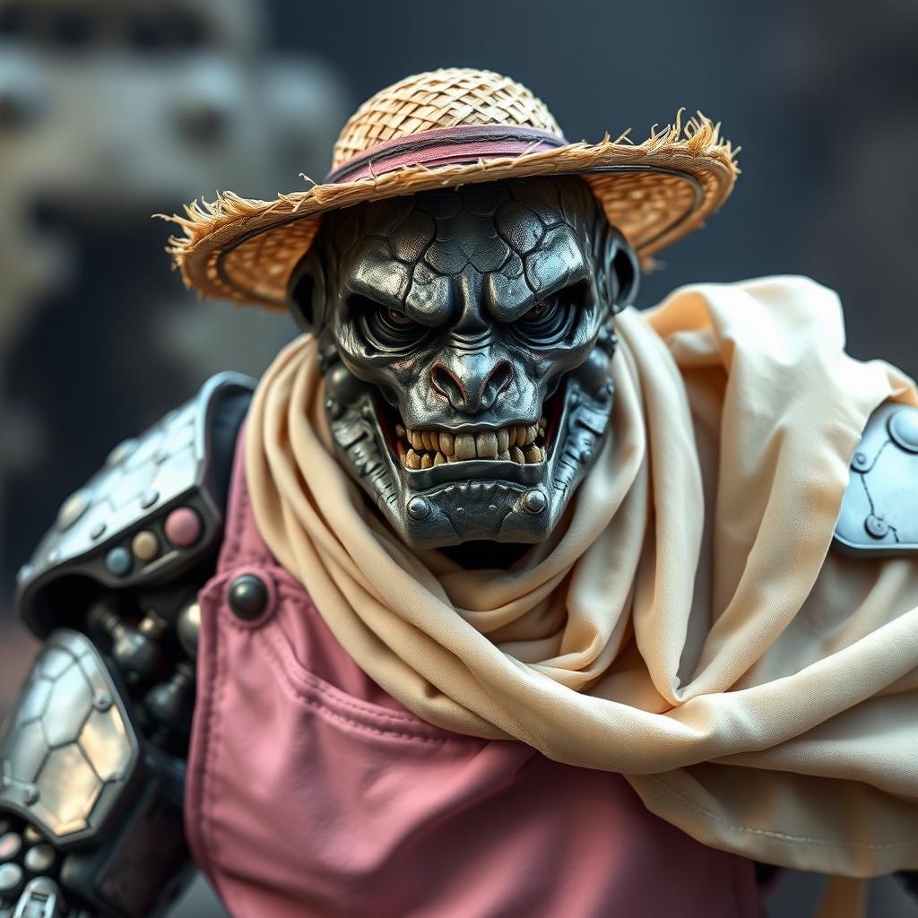An action headshot of a warforged from Eberron, characterized by its striking scaly skin that reflects a range of metallic shades