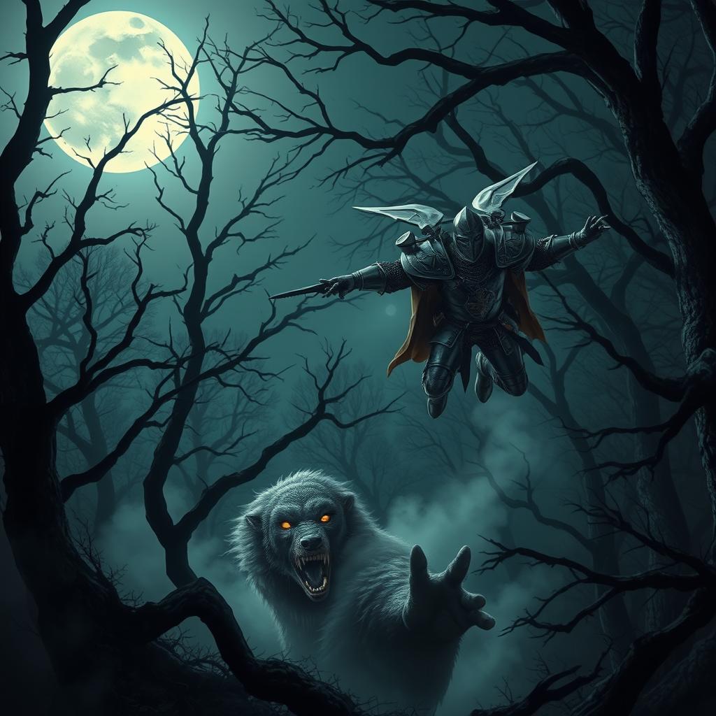 A knight in intricate armor soaring through a moonlit forest at night, equipped with a sleek jetpack