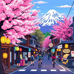 A vibrant pixel art depiction of Japanese streets, featuring traditional wooden houses, cherry blossom trees, and colorful neon signs