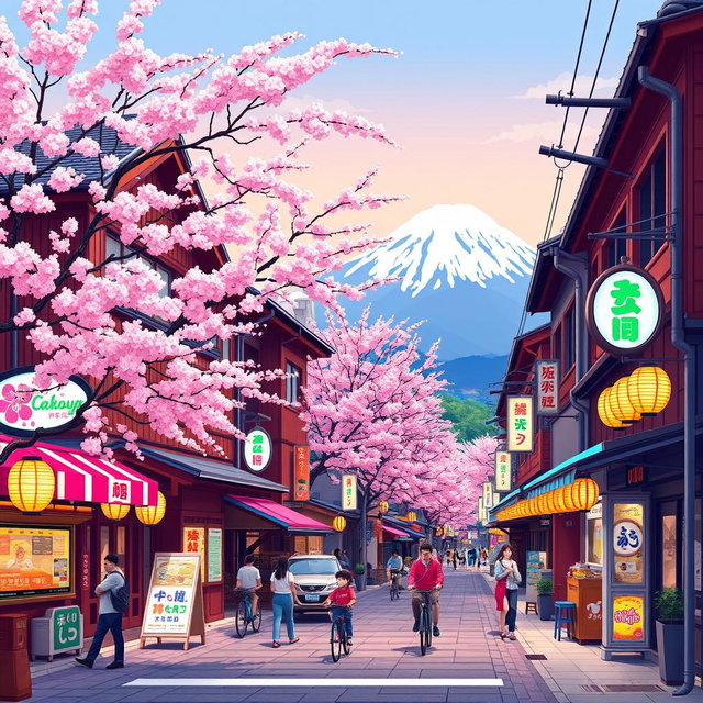 A vibrant pixel art depiction of Japanese streets, featuring traditional wooden houses, cherry blossom trees, and colorful neon signs