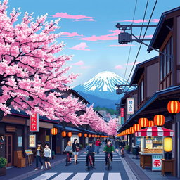 A vibrant pixel art depiction of Japanese streets, featuring traditional wooden houses, cherry blossom trees, and colorful neon signs