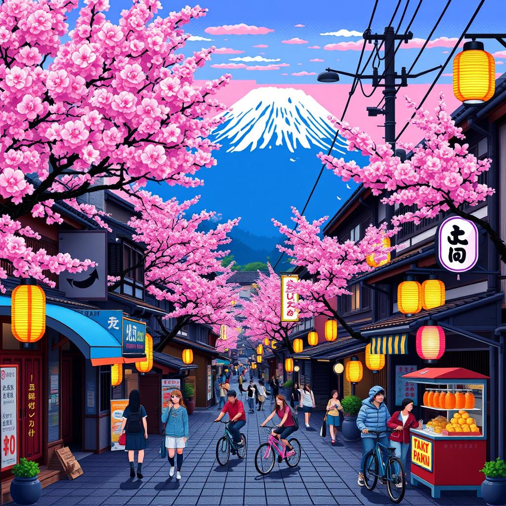 A vibrant pixel art depiction of Japanese streets, featuring traditional wooden houses, cherry blossom trees, and colorful neon signs