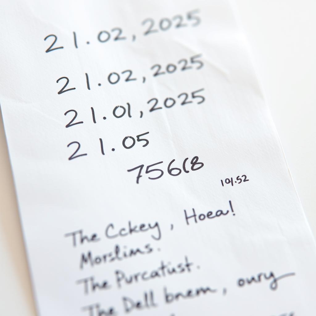 A detailed close-up view of a realistic receipt, featuring clean, neat handwriting