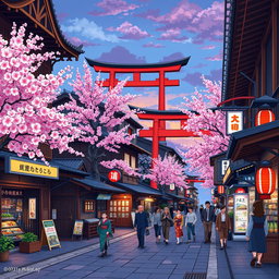 A vibrant and detailed pixel art scene capturing the streets of Japan, featuring traditional wooden houses with intricate details, cherry blossom trees in full bloom, bustling street markets with colorful stalls, bright red torii gates, neon lights illuminating the evening sky, people dressed in kimono and modern outfits walking, and a sense of lively atmosphere