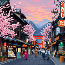 A vibrant and detailed pixel art scene capturing the streets of Japan, featuring traditional wooden houses with intricate details, cherry blossom trees in full bloom, bustling street markets with colorful stalls, bright red torii gates, neon lights illuminating the evening sky, people dressed in kimono and modern outfits walking, and a sense of lively atmosphere