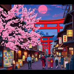 A vibrant and detailed pixel art scene capturing the streets of Japan, featuring traditional wooden houses with intricate details, cherry blossom trees in full bloom, bustling street markets with colorful stalls, bright red torii gates, neon lights illuminating the evening sky, people dressed in kimono and modern outfits walking, and a sense of lively atmosphere