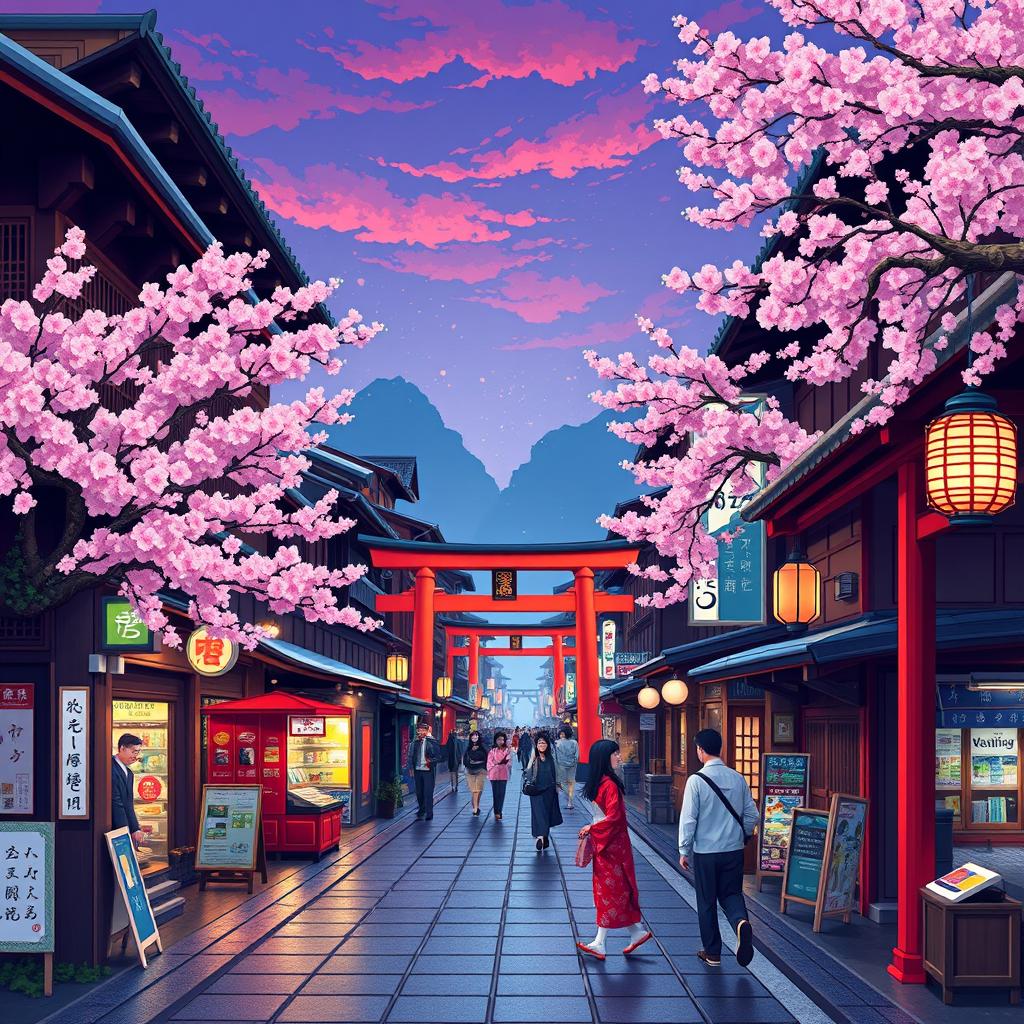 A vibrant and detailed pixel art scene capturing the streets of Japan, featuring traditional wooden houses with intricate details, cherry blossom trees in full bloom, bustling street markets with colorful stalls, bright red torii gates, neon lights illuminating the evening sky, people dressed in kimono and modern outfits walking, and a sense of lively atmosphere