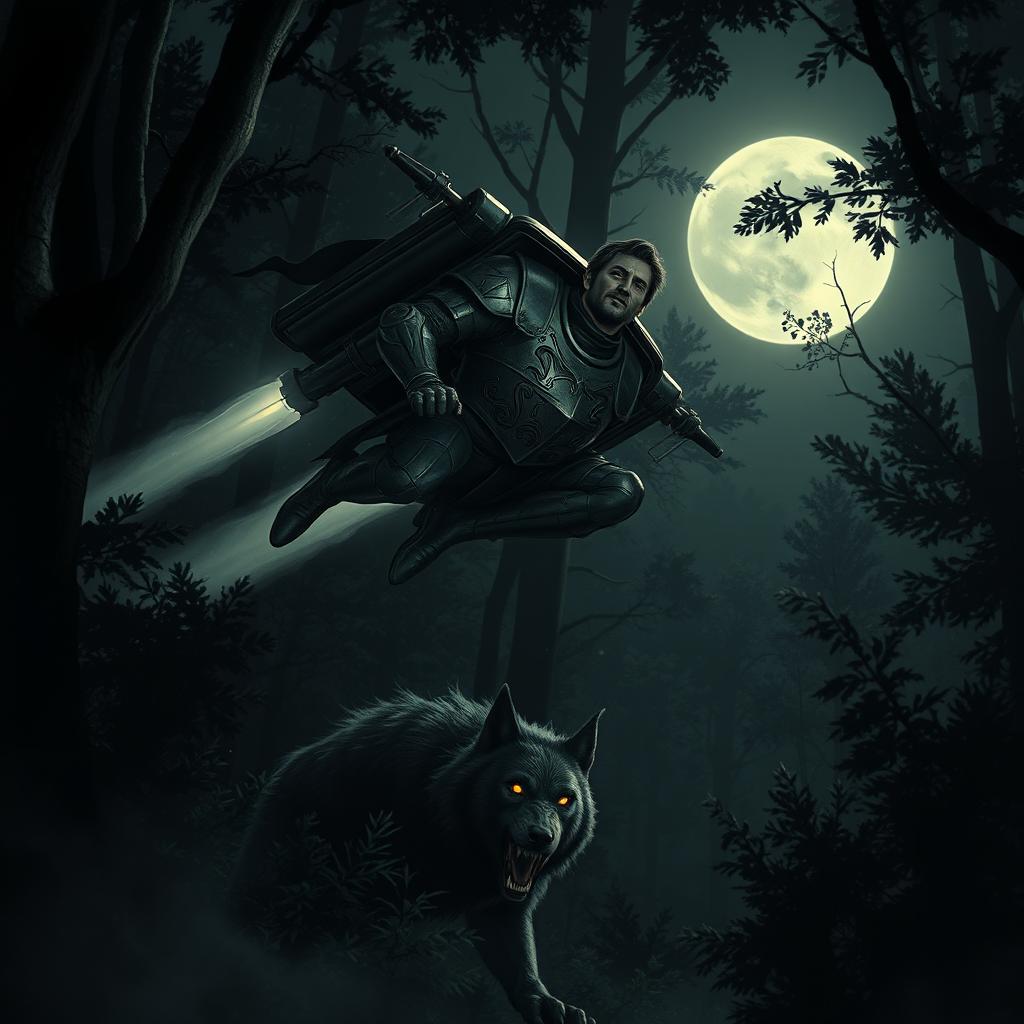 A valiant knight in intricately designed armor is flying through a dark, shadowy forest at night, supported by a powerful jetpack