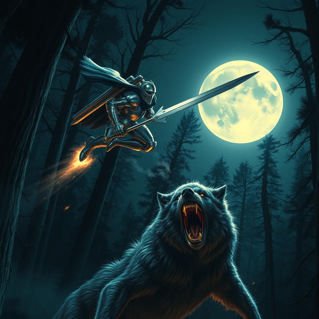 A brave knight, clad in shining armor and sporting a powerful jetpack, is soaring through a dark forest at night, engaged in a dramatic aerial attack on a fearsome wolfman below