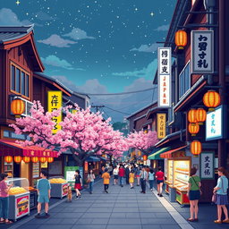 A vibrant pixel art scene depicting the bustling streets of Japan, featuring traditional wooden houses, bright neon signs, cherry blossom trees lining the sidewalks, and people in colorful clothing