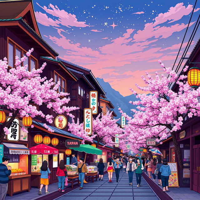 A vibrant pixel art scene depicting the bustling streets of Japan, featuring traditional wooden houses, bright neon signs, cherry blossom trees lining the sidewalks, and people in colorful clothing