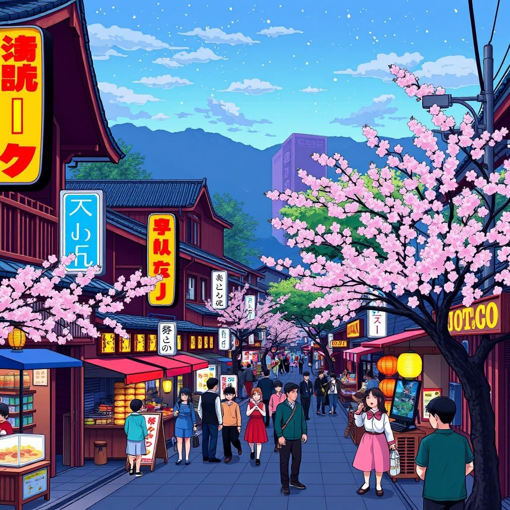 A vibrant pixel art scene depicting the bustling streets of Japan, featuring traditional wooden houses, bright neon signs, cherry blossom trees lining the sidewalks, and people in colorful clothing