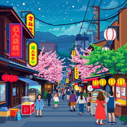 A vibrant pixel art scene depicting the bustling streets of Japan, featuring traditional wooden houses, bright neon signs, cherry blossom trees lining the sidewalks, and people in colorful clothing