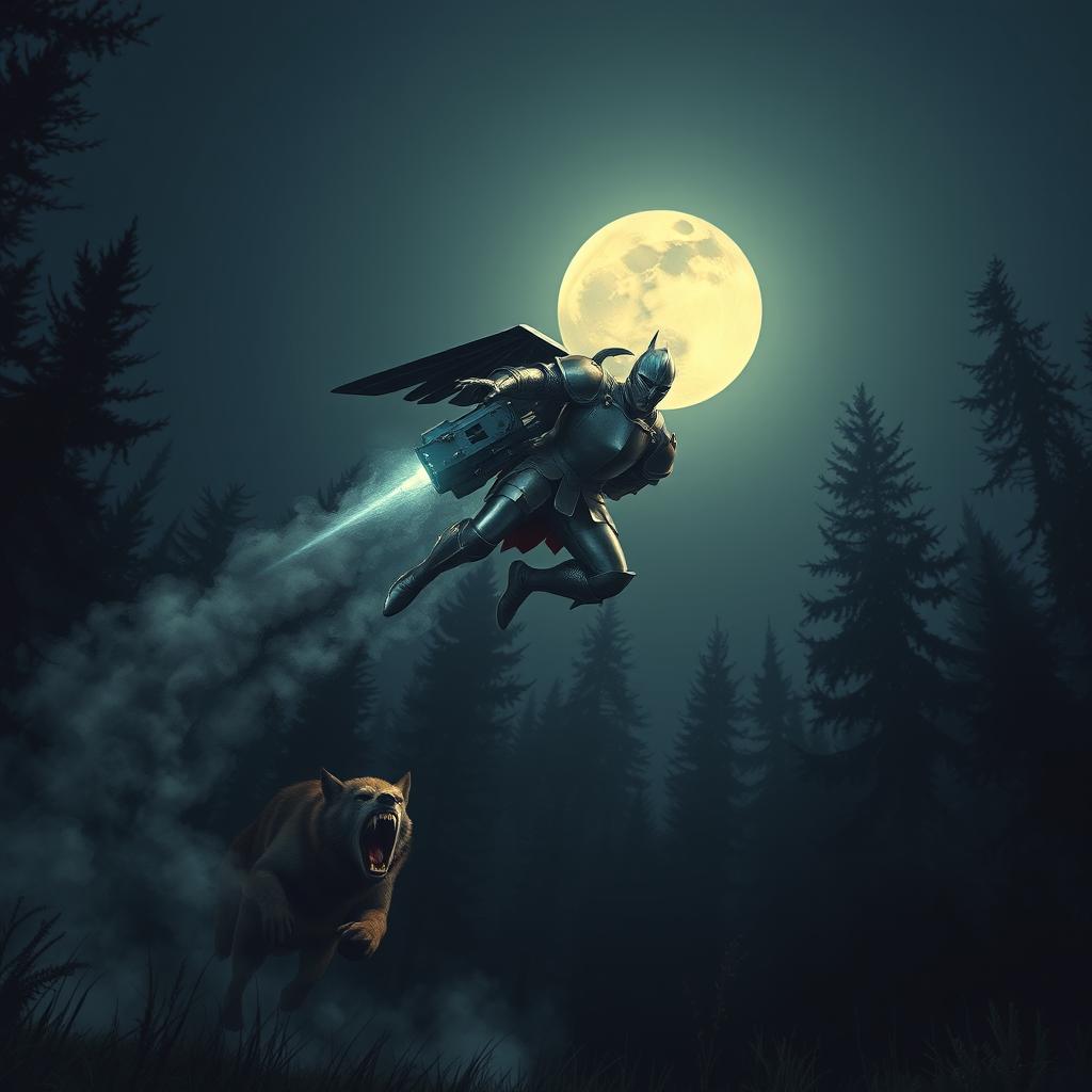 A knight in gleaming armor, equipped with an advanced jetpack, is flying away from a menacing wolfman under the night sky