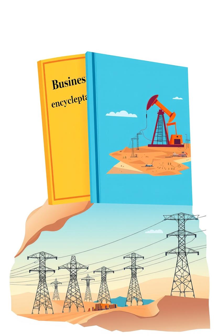 A visually intriguing illustration that combines three distinct aspects: a book titled 'Business Encyclopedia' prominently displayed at the top of the image, representing knowledge and business