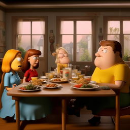 A live-action scene from the show Family Guy, featuring realistic versions of the main characters in typical show setting