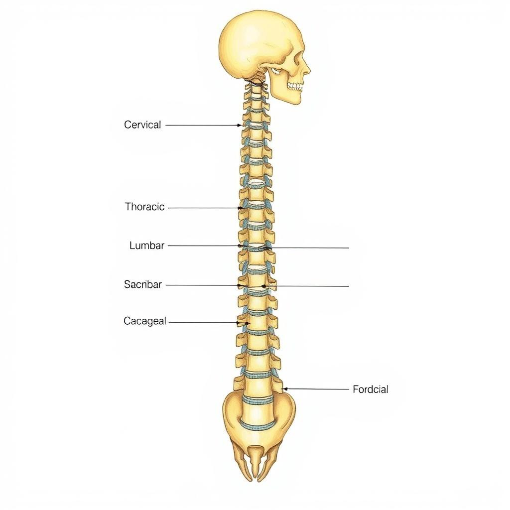 An anatomical illustration of the human vertebral column, showcasing the spine in detail with labeled sections such as cervical, thoracic, lumbar, sacral, and coccygeal vertebrae