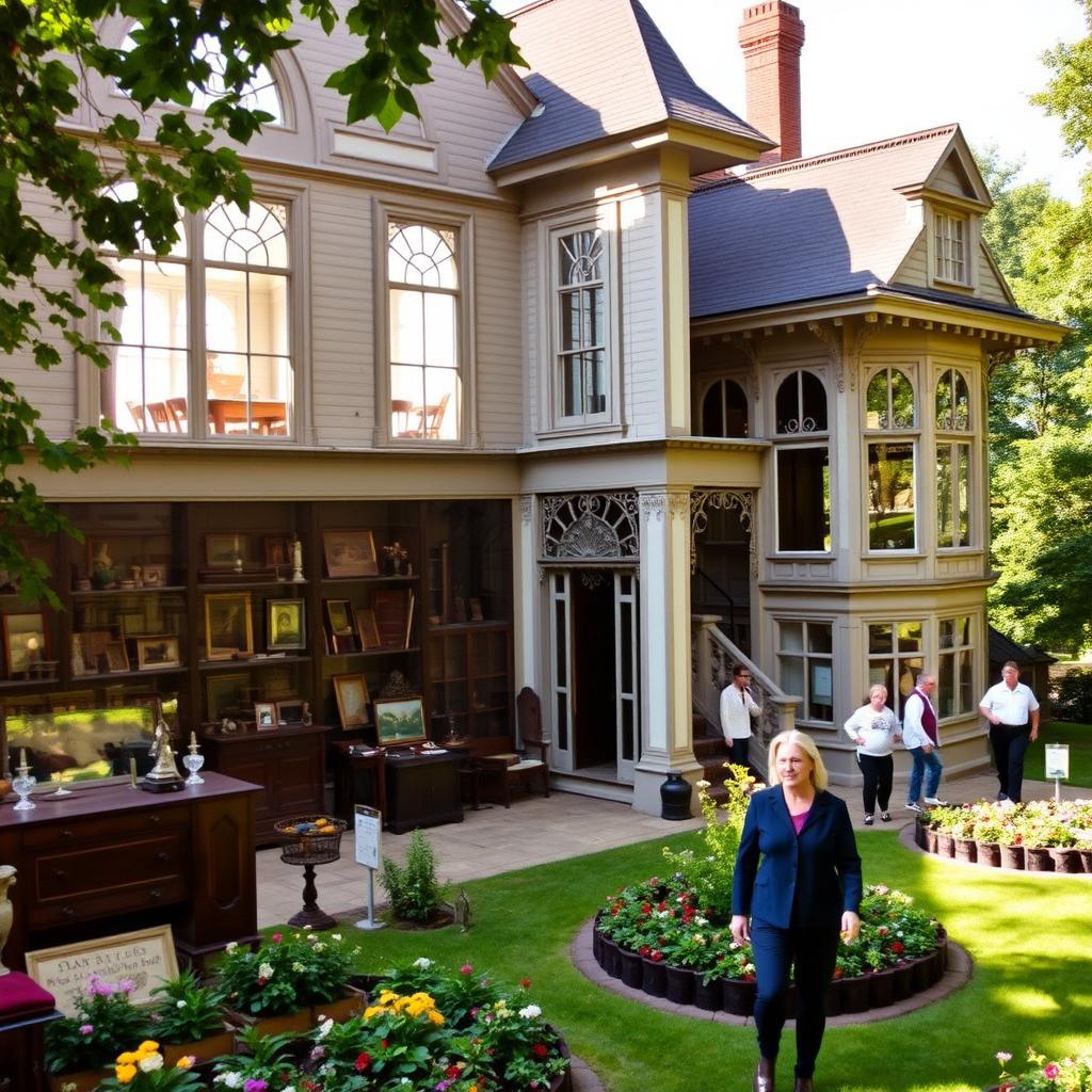 A picturesque and well-preserved house museum showcasing antique furniture and historical artifacts, located in a serene garden setting