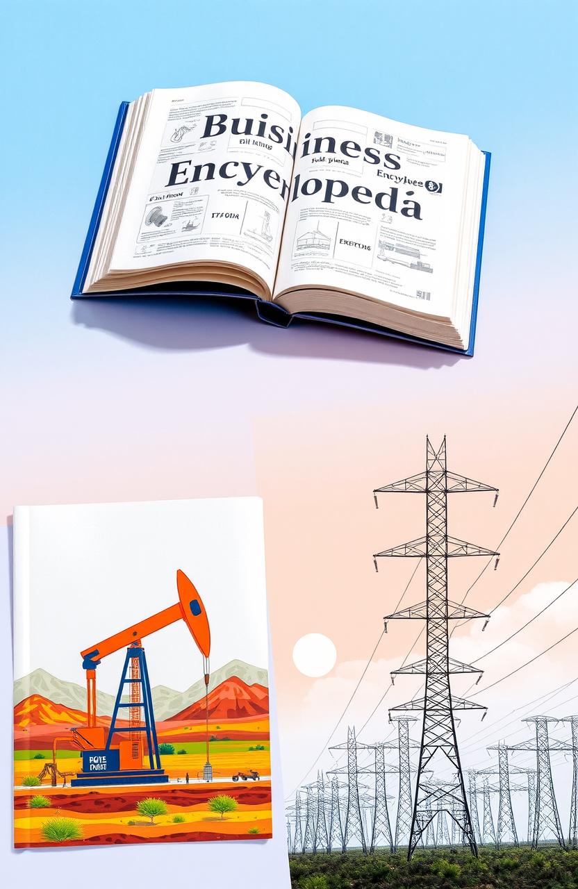 An artistic representation featuring a book titled 'Business Encyclopedia' located at the top of the image