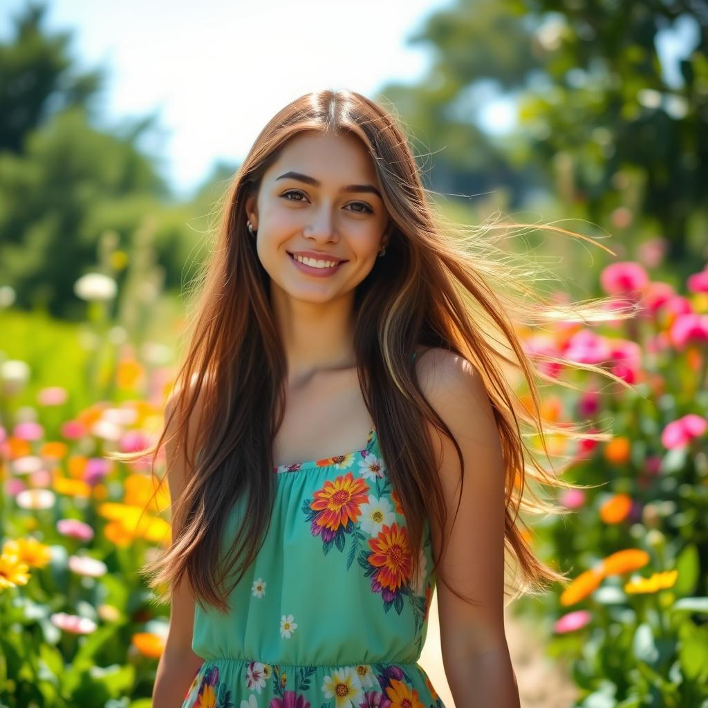 A beautiful young woman with flowing long hair, wearing a colorful summer dress, standing in a lush green garden filled with blooming flowers