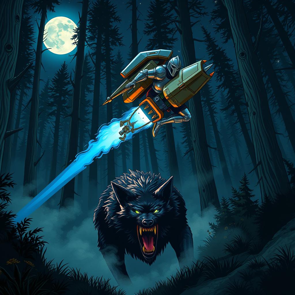 A fantastical scene featuring a knight in shining armor, equipped with a futuristic jetpack, soaring through a dense forest at night
