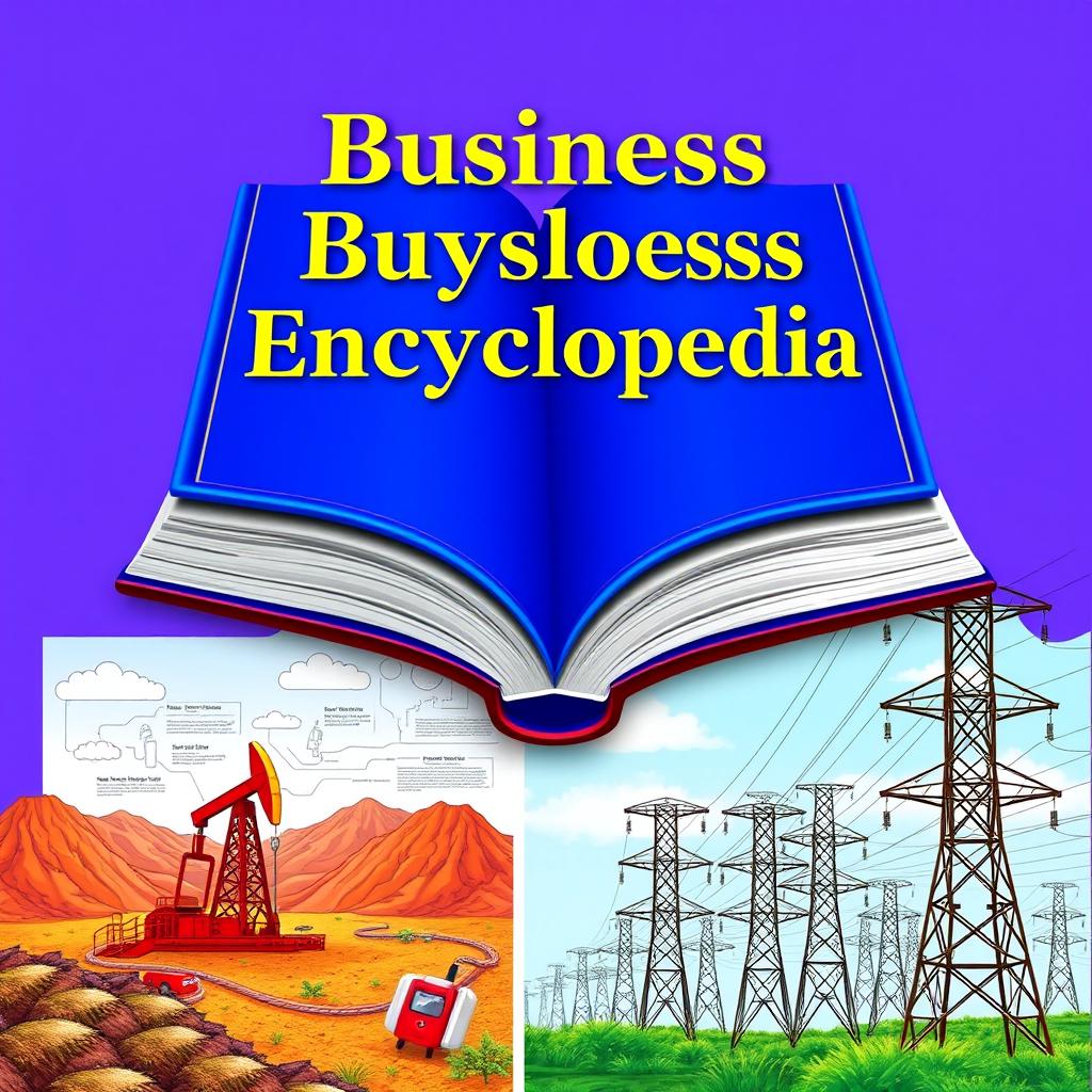 An artistic representation of a book titled 'Business Encyclopedia' prominently displayed at the top of the image