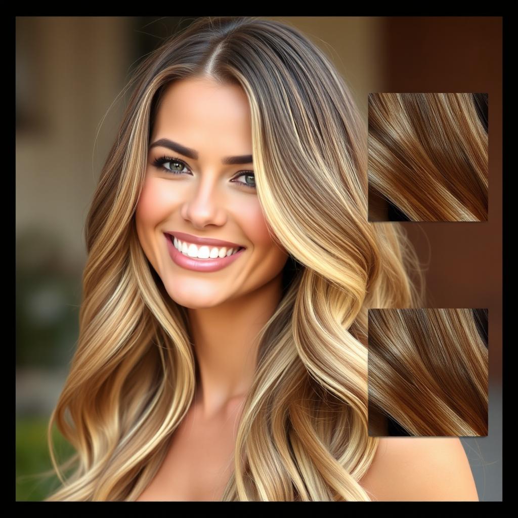 A stunning woman with highlighted hair, showcasing three different shades: light, medium, and dark highlights