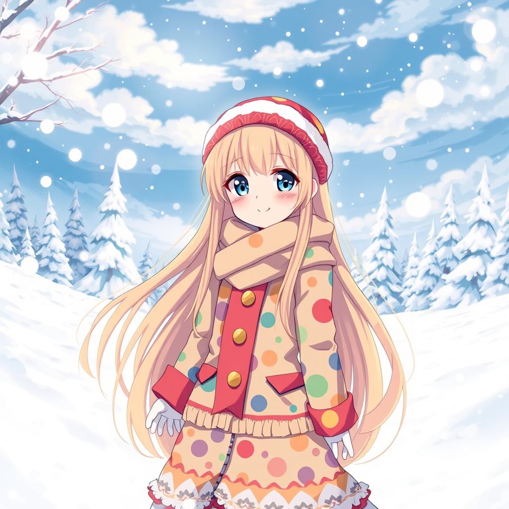 An anime-style girl with long, flowing hair dressed in a colorful winter outfit, standing amid a beautiful snowy landscape